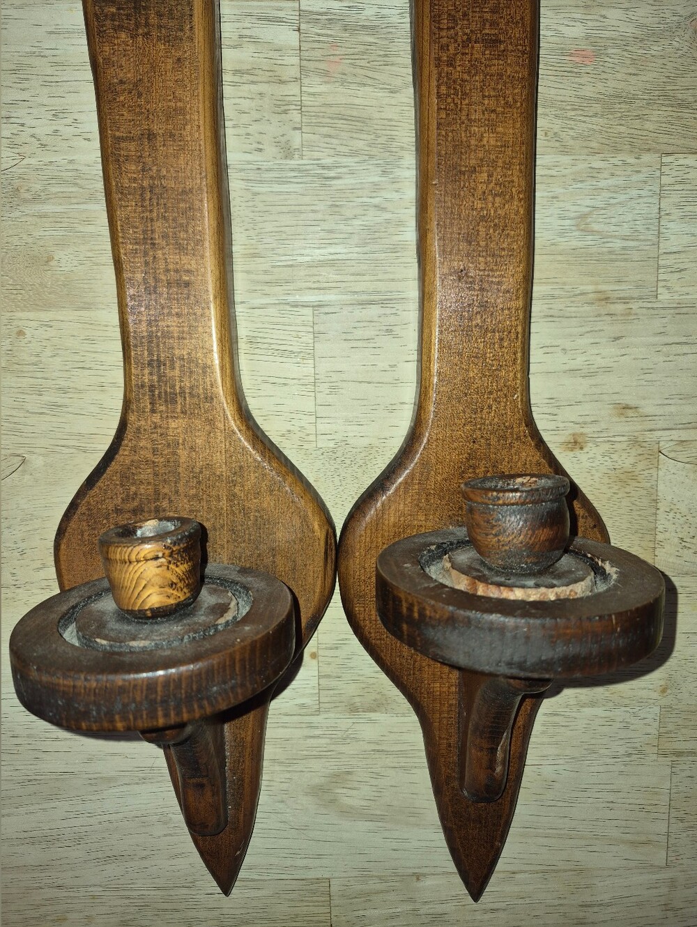 2 Vintage, Handmade Stained Wooden wall Sconces w/ Pegged Candle Cups - Picture 2 of 6